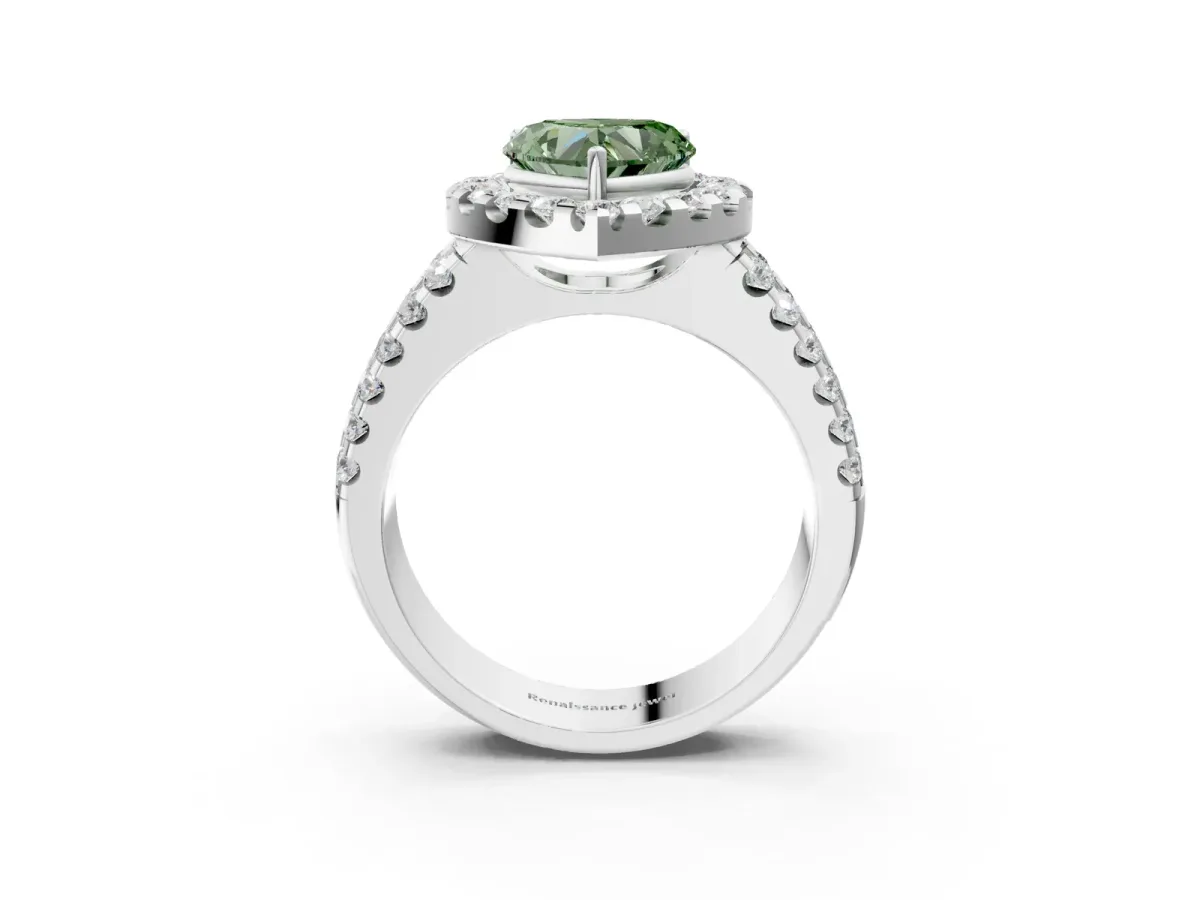 Fancy Green Heart Cut Halo Diamond Split Shank Engagement Ring with Prong Setting Platinum