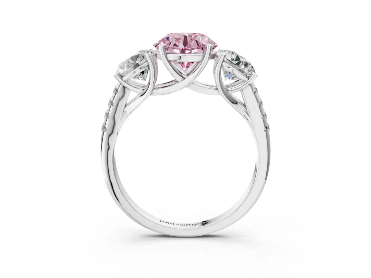 Fancy Pink Three-Stone Round Cut Diamond Ring with Round Pavé Band and Prong Setting Silver
