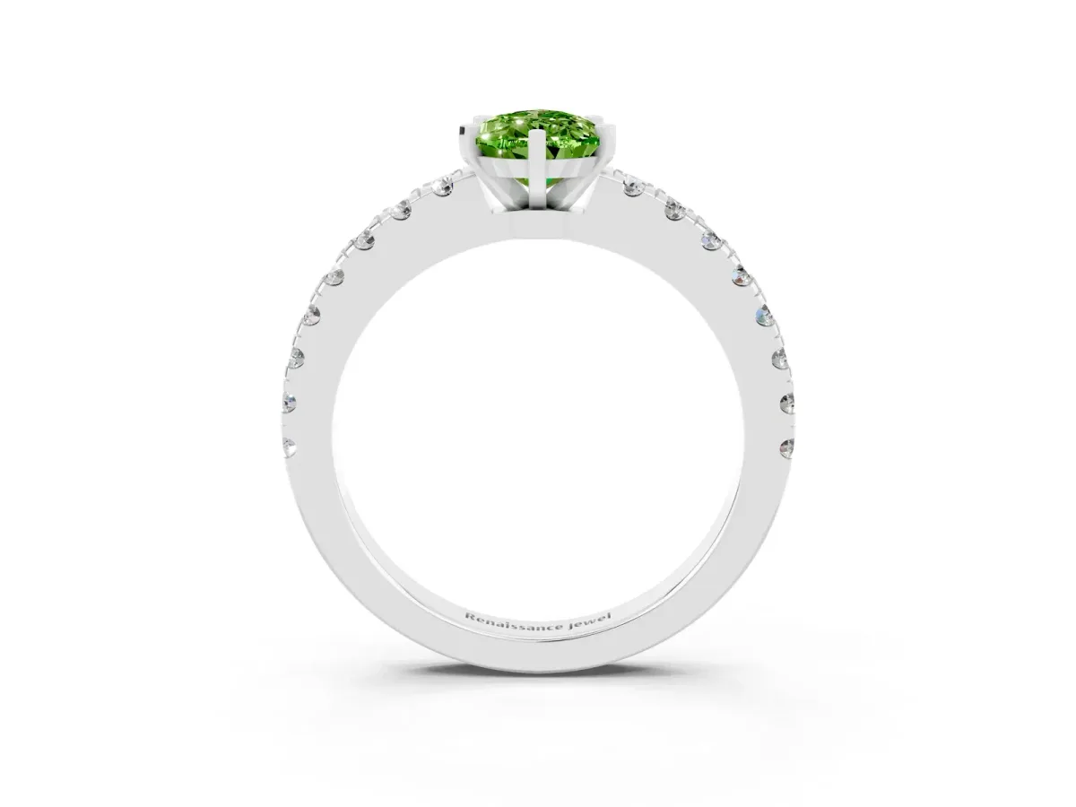 Pear Cut Solitaire Peridot with Pavé Band and Four-Prong Setting Platinum