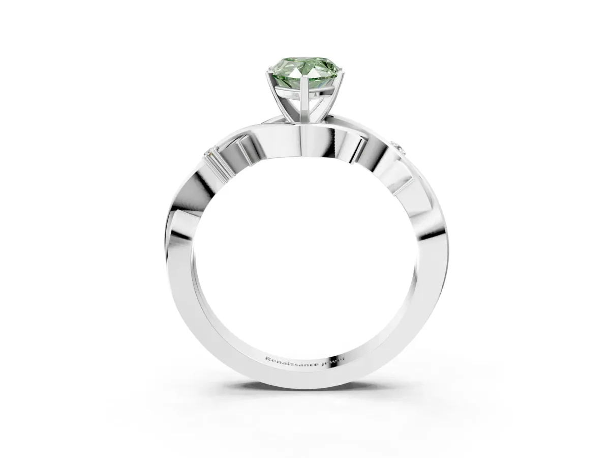 Fancy Green Pear Cut Diamond Solitaire Ring with Twisted Band and Prong Setting Silver