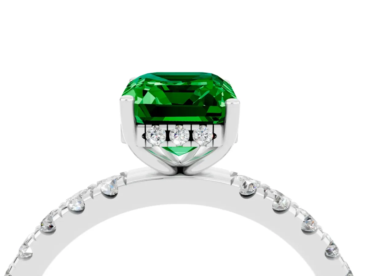 Emerald Cut Emerald Pave Band Solitaire Ring with Round and Prong Setting Platinum