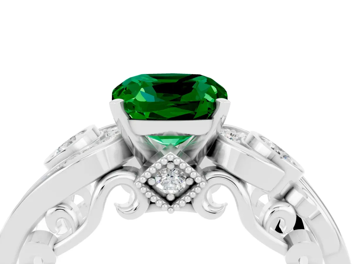 Cushion Cut Emerald Solitaire Ring with Milgrain Pavé Band and Four-Prong Setting Silver