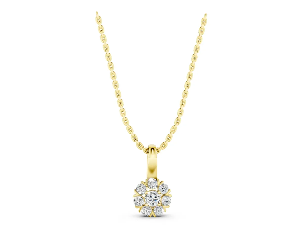 Round Diamond Floral Cluster Pendant with Prong Setting Yellow gold