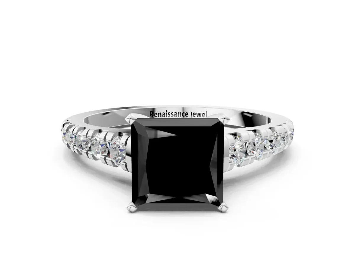 Fancy Black Princess Cut Diamond Cathedral Solitaire Ring with Round Pavé Band Silver