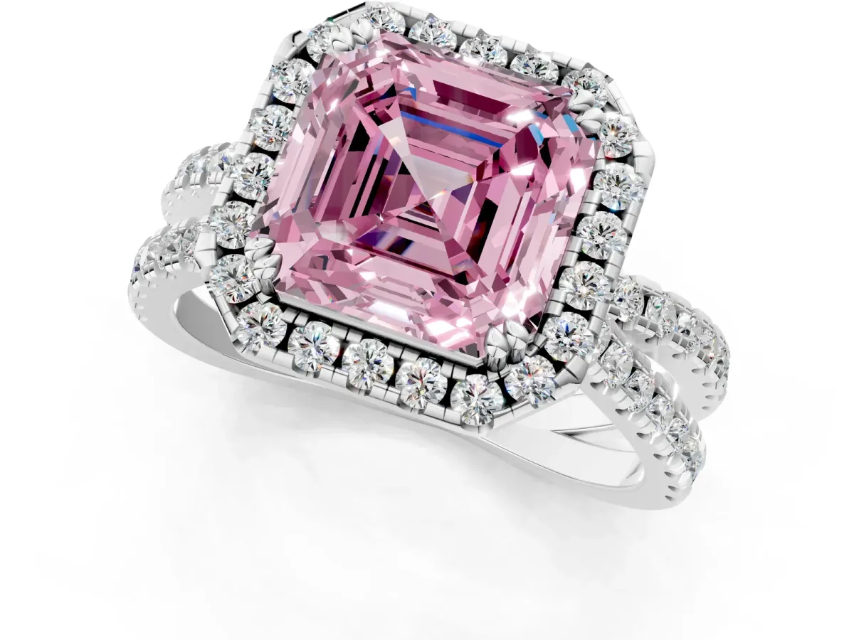 Fancy Pink Asscher Cut Halo Split Shank Diamond Ring with Pavé Setting Platinum
