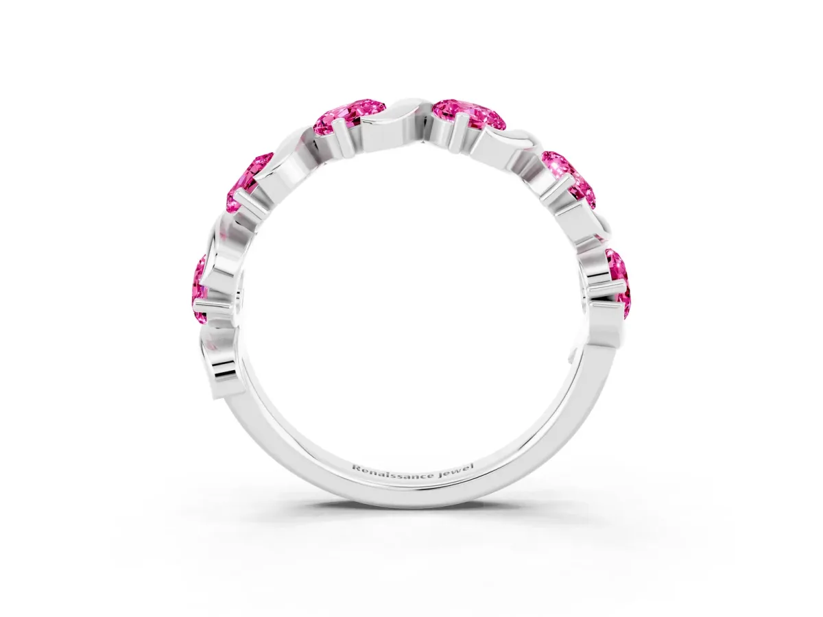 Six-Stone Round Pink Sapphire Wave Band with Shared Prong Setting Platinum