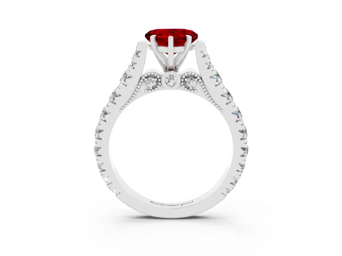 Heart Cut Ruby Classic Solitaire Ring with Pavé Band and Four-Prong Setting White gold