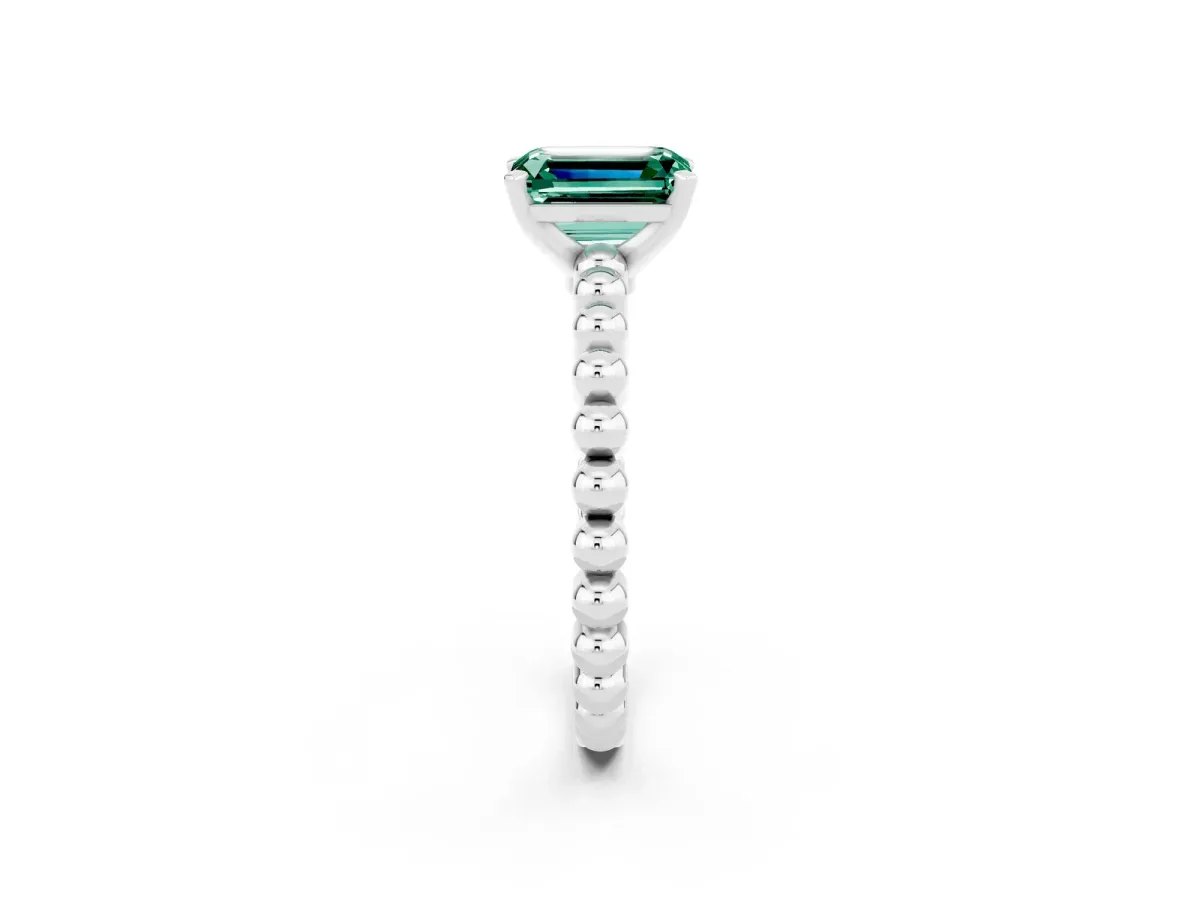 Emerald Cut Green Sapphire Solitaire Ring with Beaded Band and Prong Setting Silver