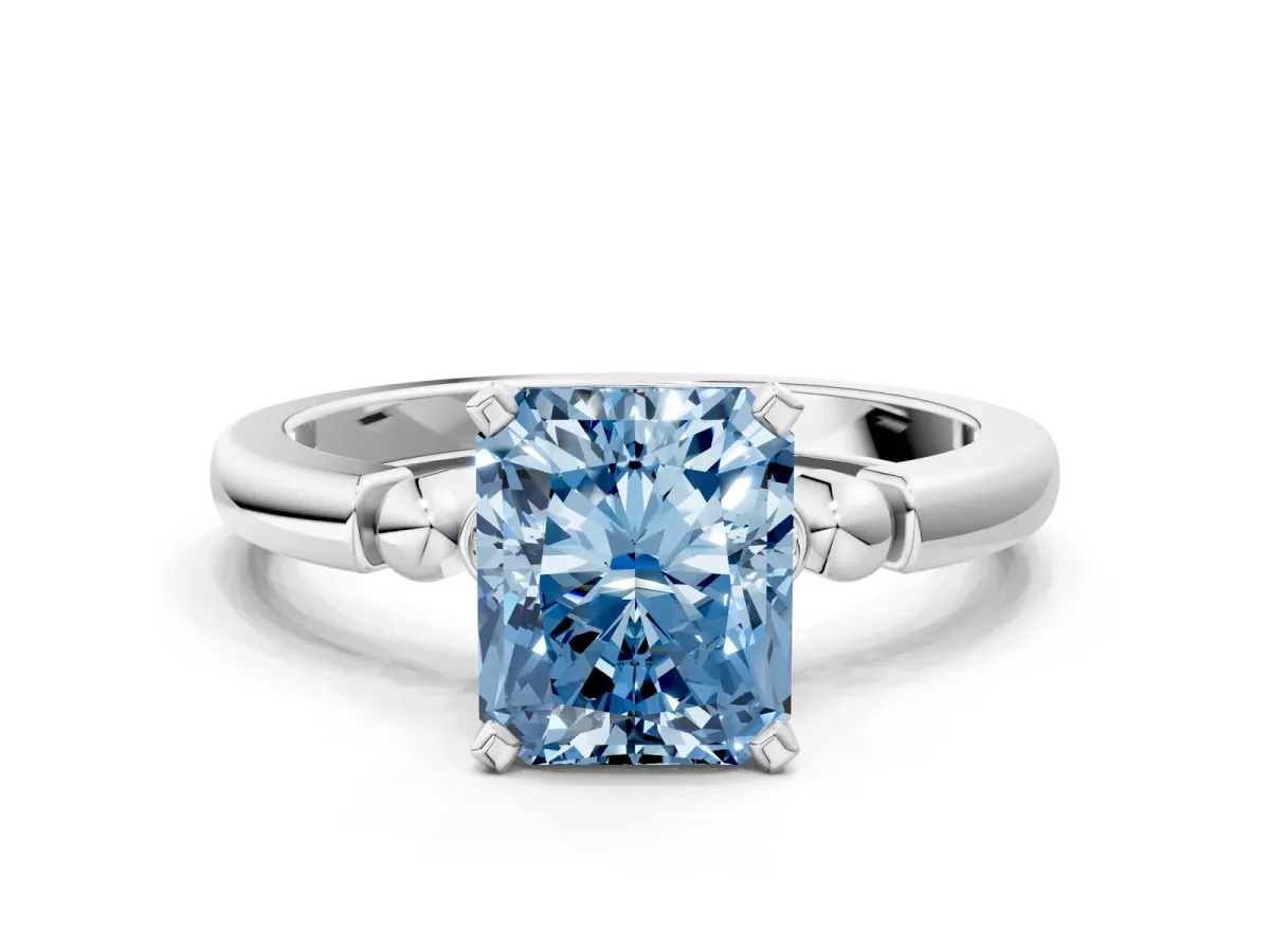 Fancy Blue Radiant Cut Solitaire Beaded Band with Four-Prong Setting Platinum