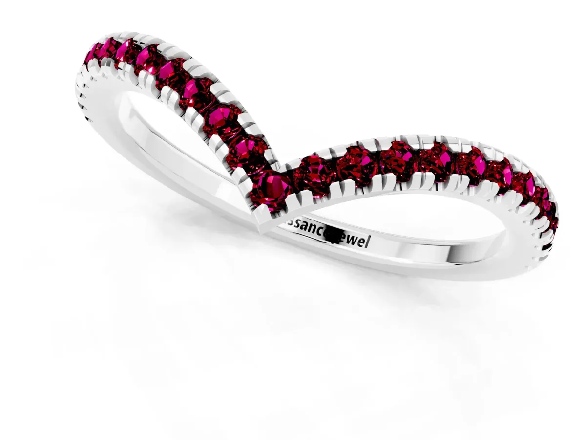 Pavé Round Garnet V-Shaped Chevron Band with Shared Prong Setting Silver