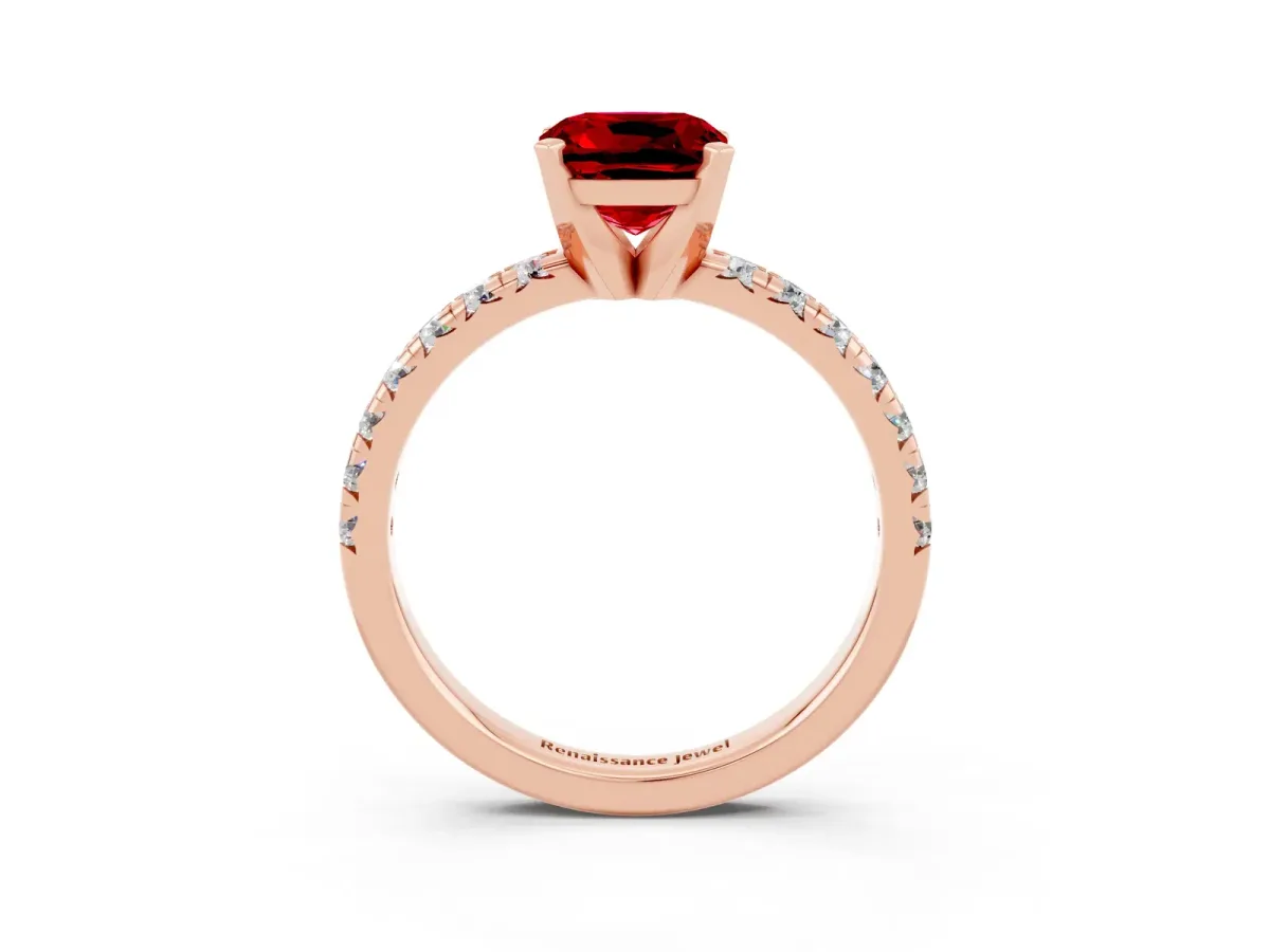 Cushion Cut Ruby Solitaire Pavé Engagement Ring with Round Band and Prong Setting Rose gold