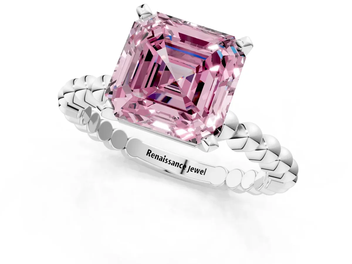 Fancy Pink Asscher Cut Diamond Solitaire Ring with Beaded Band and Prong Setting Platinum