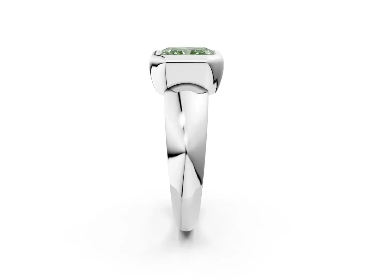 Fancy Green Bezel Set Radiant Cut Solitaire Ring with Wide Band Platinum