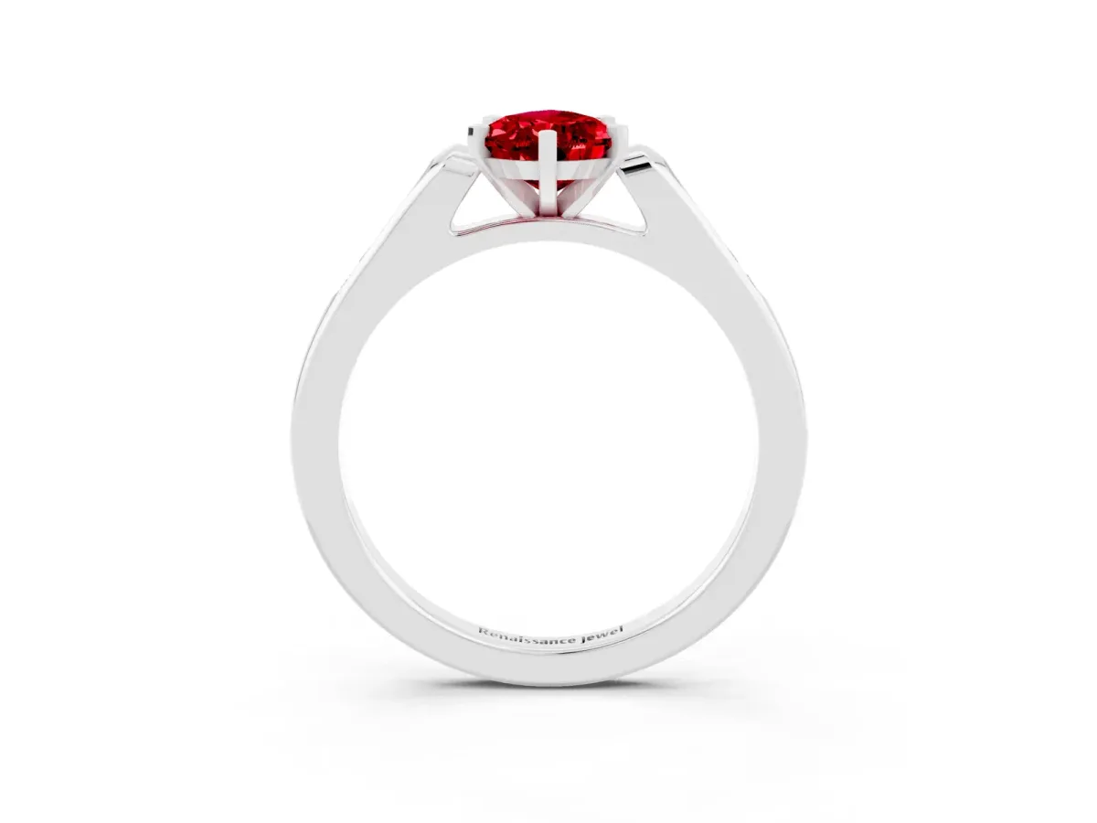 Pear Cut Ruby Solitaire Ring with Channel Set Round Band and Prong Setting White gold