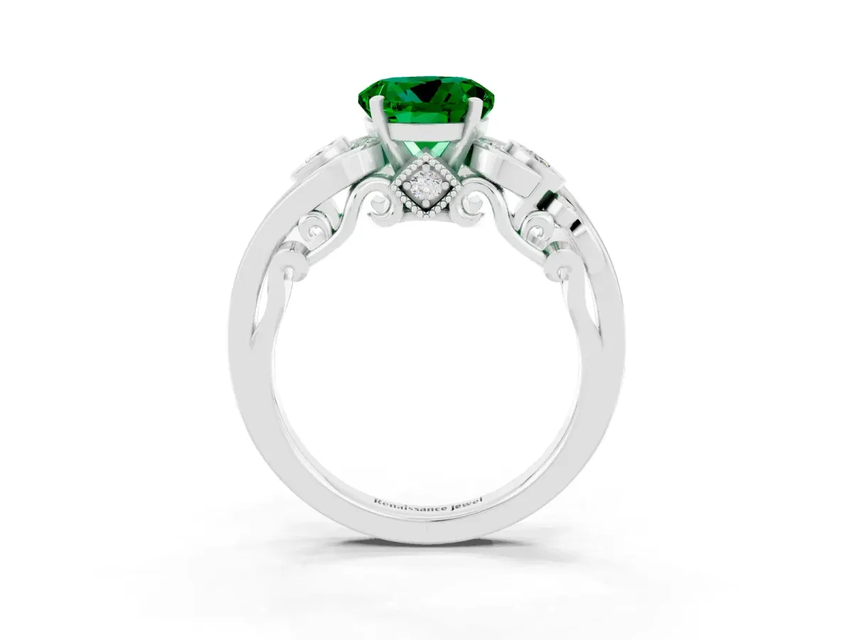 Round Cut Emerald Solitaire Ring with Milgrain Pavé Band and Four-Prong Setting Silver