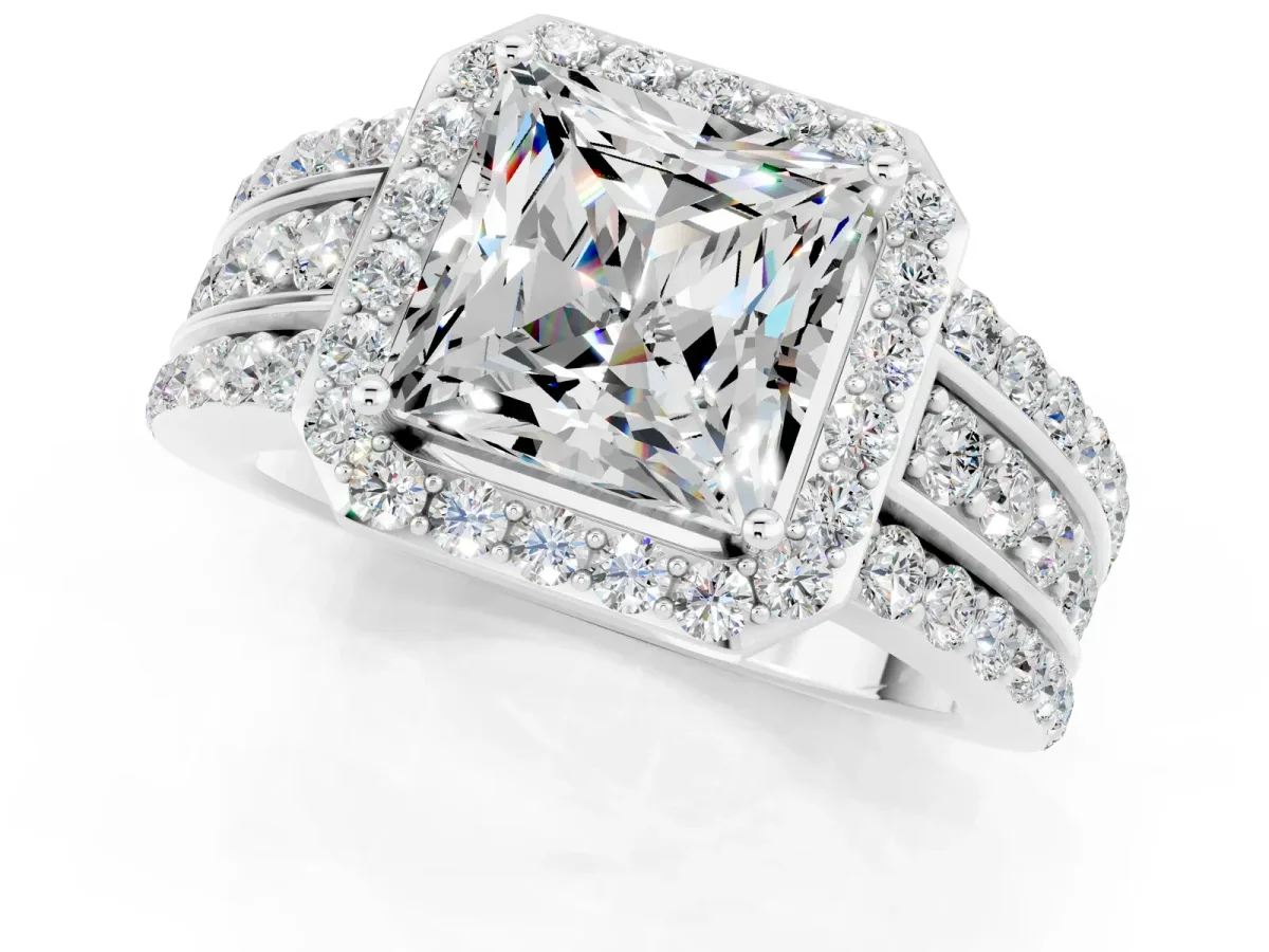 Princess Cut Halo Moissanite Ring with Round Split Shank and Prong Setting Silver
