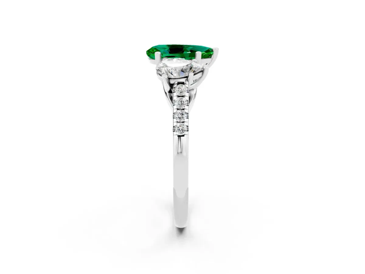 Three-Stone Pear Cut Emerald Ring with Round Pavé Band and Prong Setting Platinum