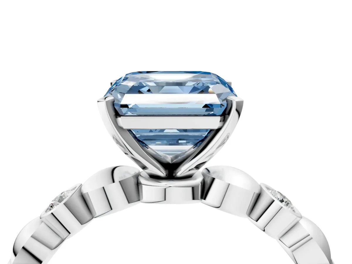 Fancy Blue Asscher Cut Solitaire Bezel-Set Diamond Ring with Beaded Band and Four-Prong Setting Platinum