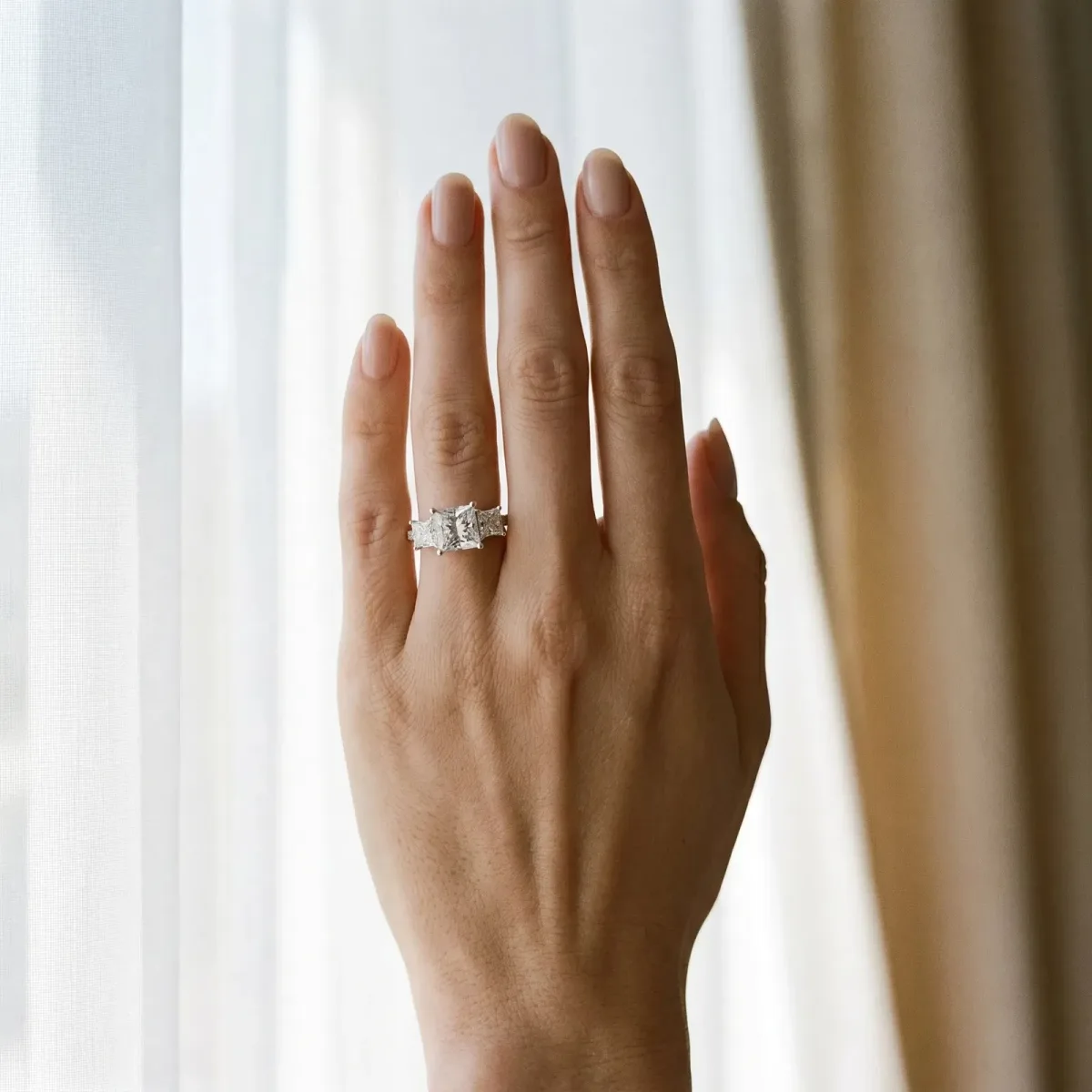 Three-Stone Princess Cut Diamond Ring with Round Pavé Band and Prong Setting Platinum