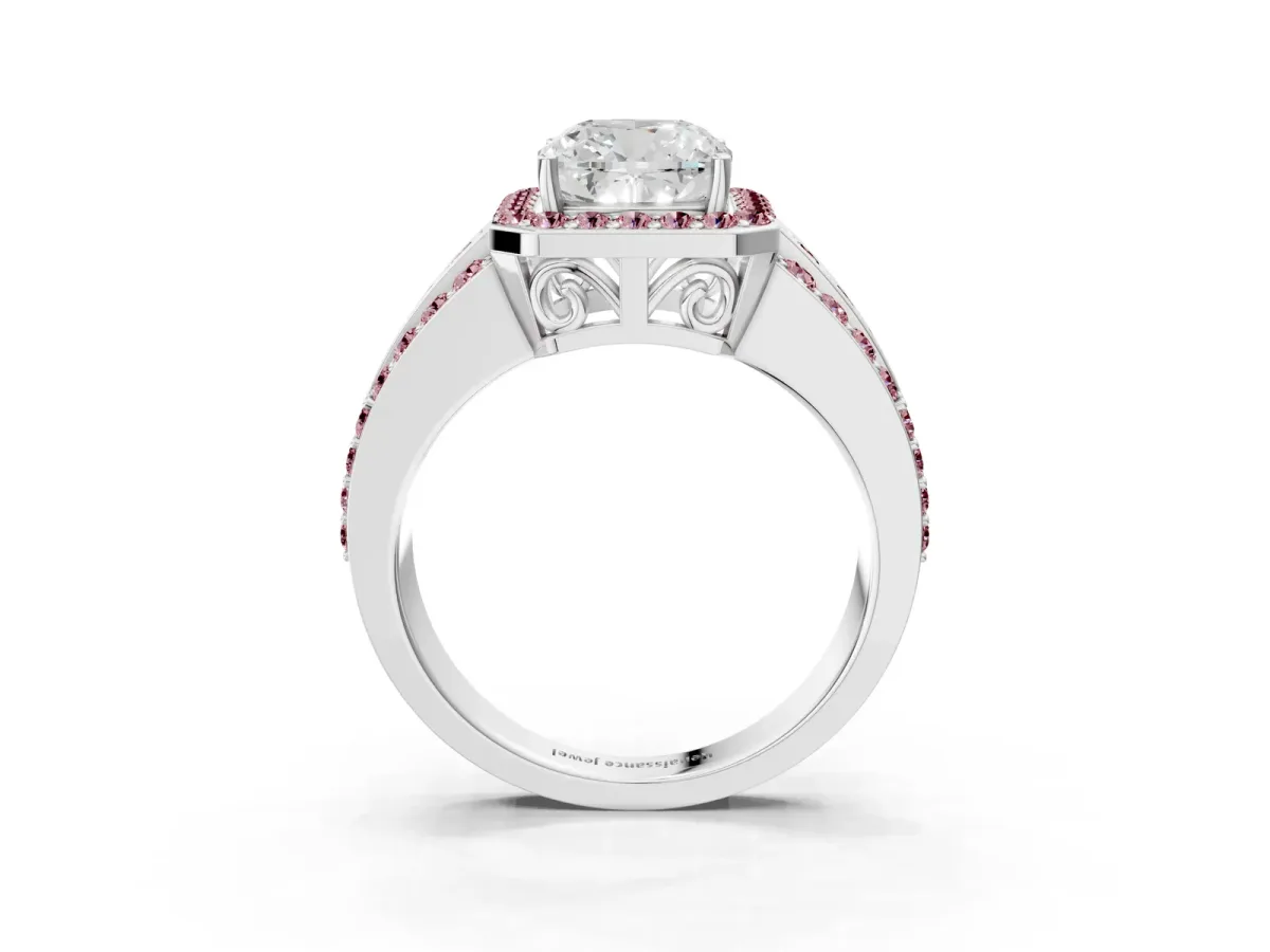 Cushion Cut Halo Diamond Ring with Round Morganite Split Shank and Prong Setting Platinum