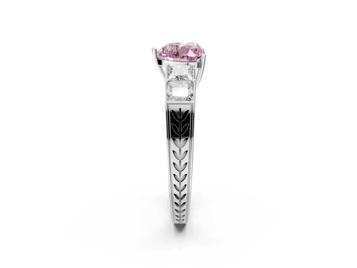 Fancy Pink Heart Cut Solitaire Princess Side Stone Engraved Band Prong Setting Ring Silver