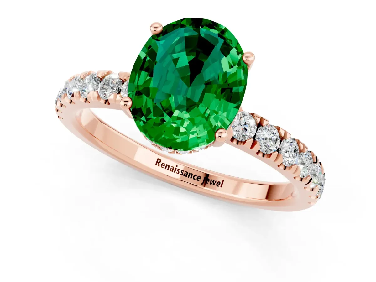 Oval Cut Emerald Pave Band Solitaire Ring with Round and Prong Setting Rose gold