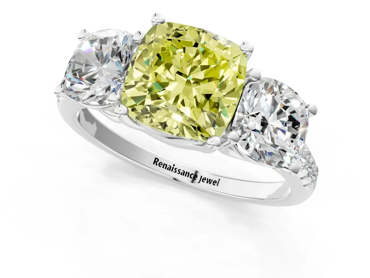 Fancy Yellow Three-Stone Cushion Cut Diamond Ring with Round Pavé Band and Prong Setting Silver
