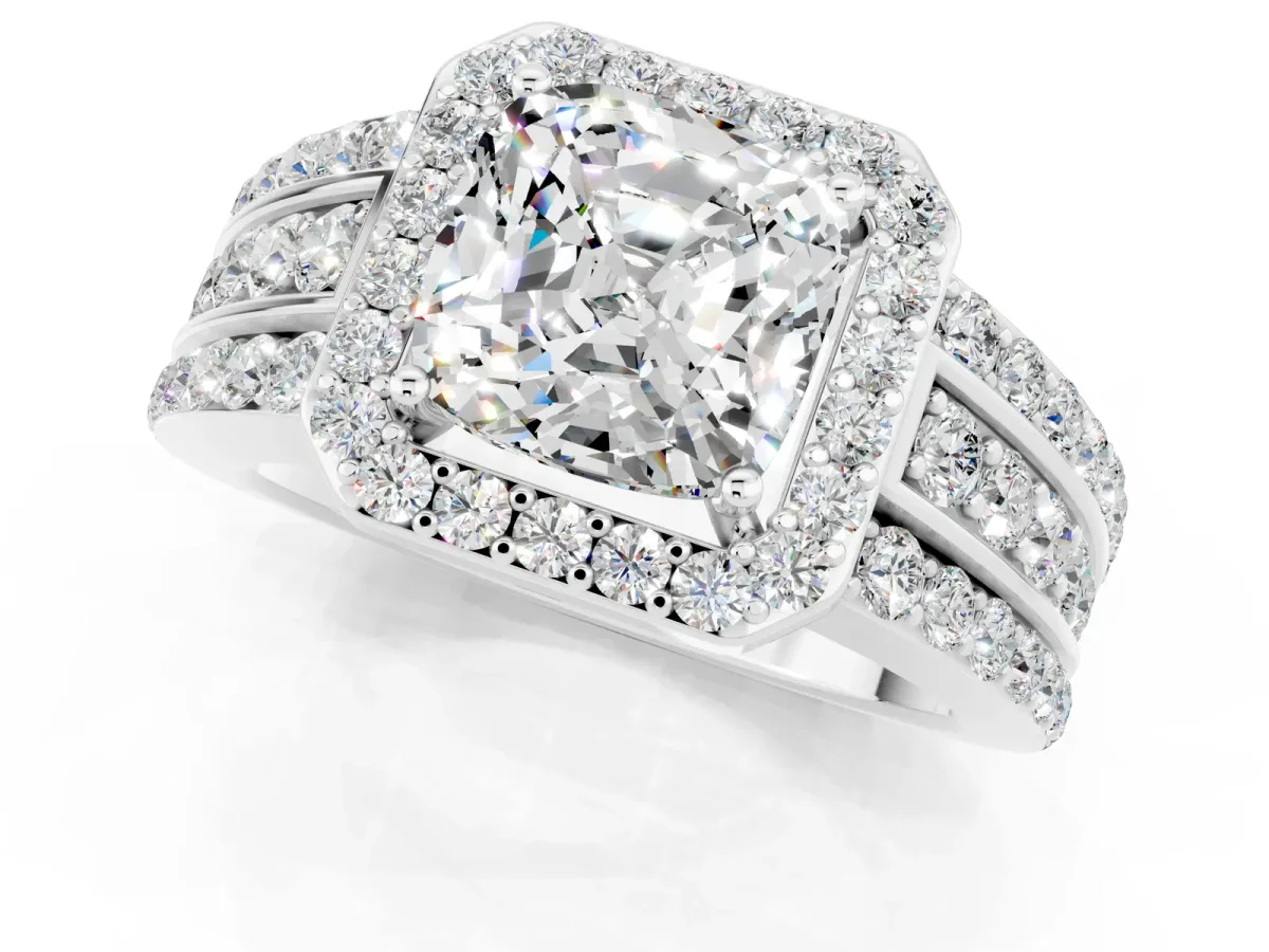Cushion Cut Halo Moissanite Ring with Round Split Shank and Prong Setting Platinum