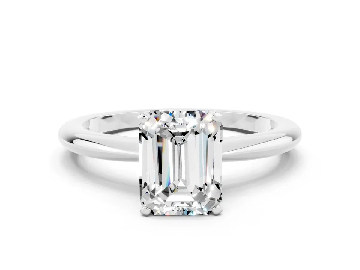 Emerald Cut Moissanite Solitaire Ring with Six-Prong Setting and Classic Band Silver