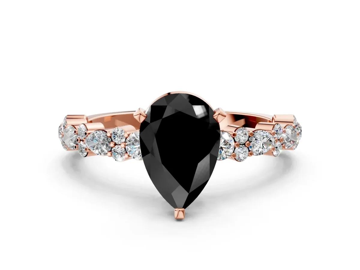 Fancy Black Pear Cut Diamond Side Stone Solitaire Ring with Round and Four-Prong Setting Rose gold