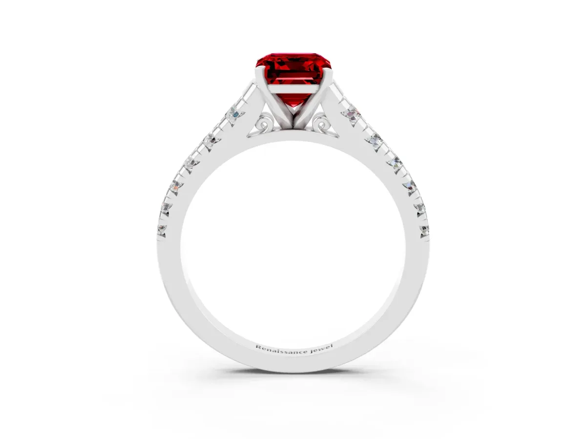 Emerald Cut Ruby Cathedral Solitaire Ring with Round Pavé Band Silver