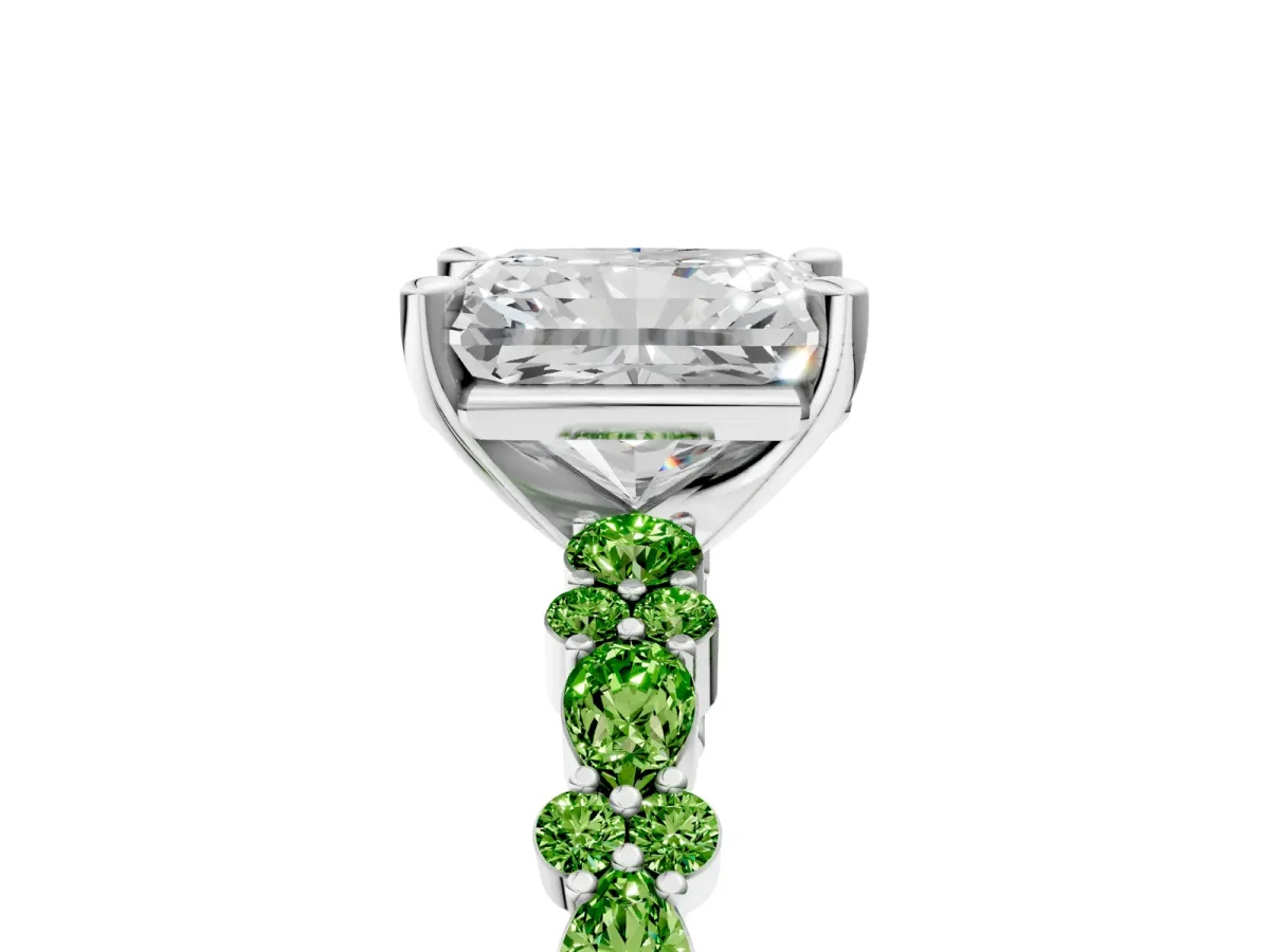 Radiant Cut Diamond Side Stone Solitaire Ring with Round Peridot and Four-Prong Setting Platinum