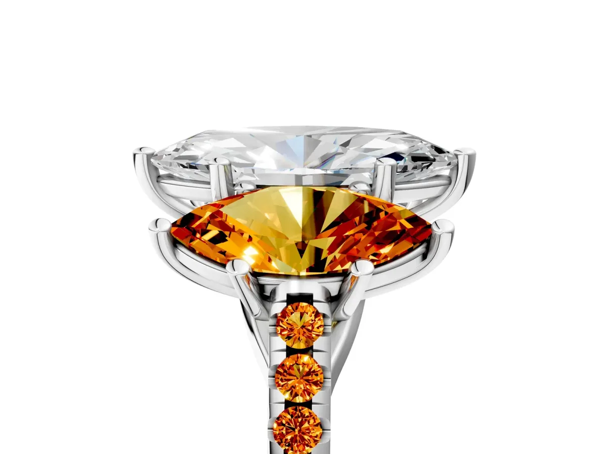 Three-Stone Marquise Cut Diamond Ring with Round Citrine Pavé Band and Prong Setting Silver