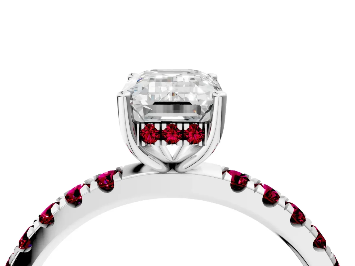 Emerald Cut Diamond Pave Band Solitaire Ring with Round Garnet and Prong Setting Platinum