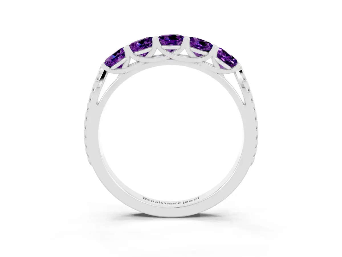 Five-Stone Round Amethyst Prong-Set Band Platinum
