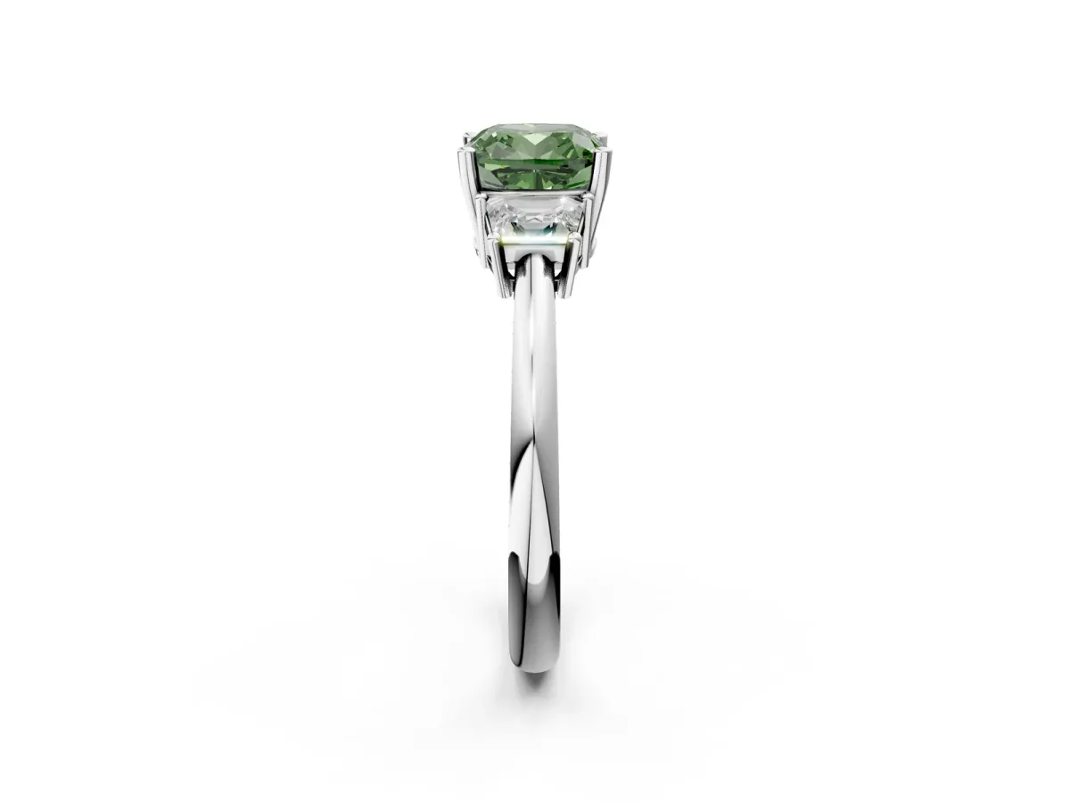 Fancy Green Cushion Cut Diamond Three-Stone Ring with Trapezoid Side Stones and Prong Setting Silver