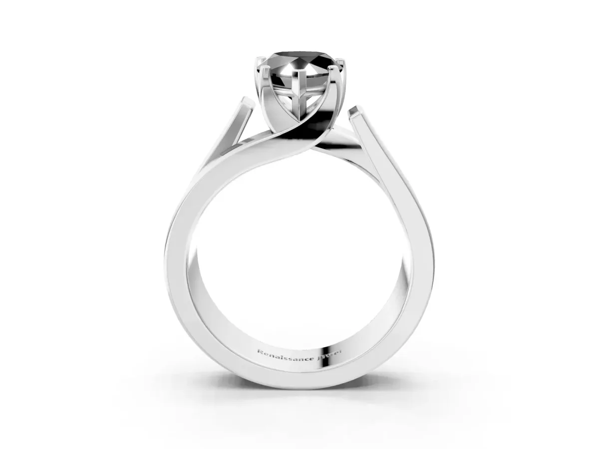 Fancy Black Modern Tension Set Pear Cut Diamond Solitaire Wide Band Ring Silver
