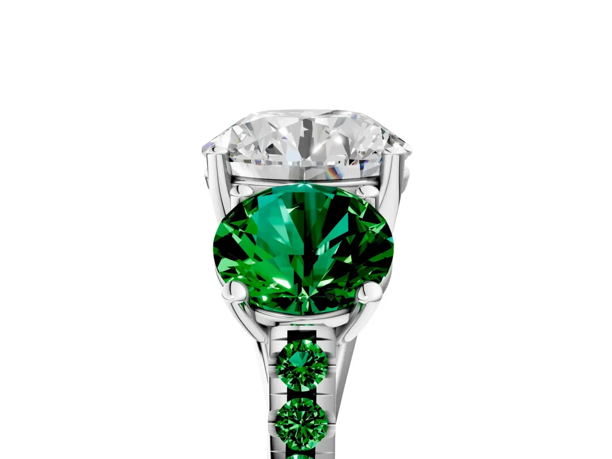 Three-Stone Round Cut Diamond Ring with Round Emerald Pavé Band and Prong Setting White gold