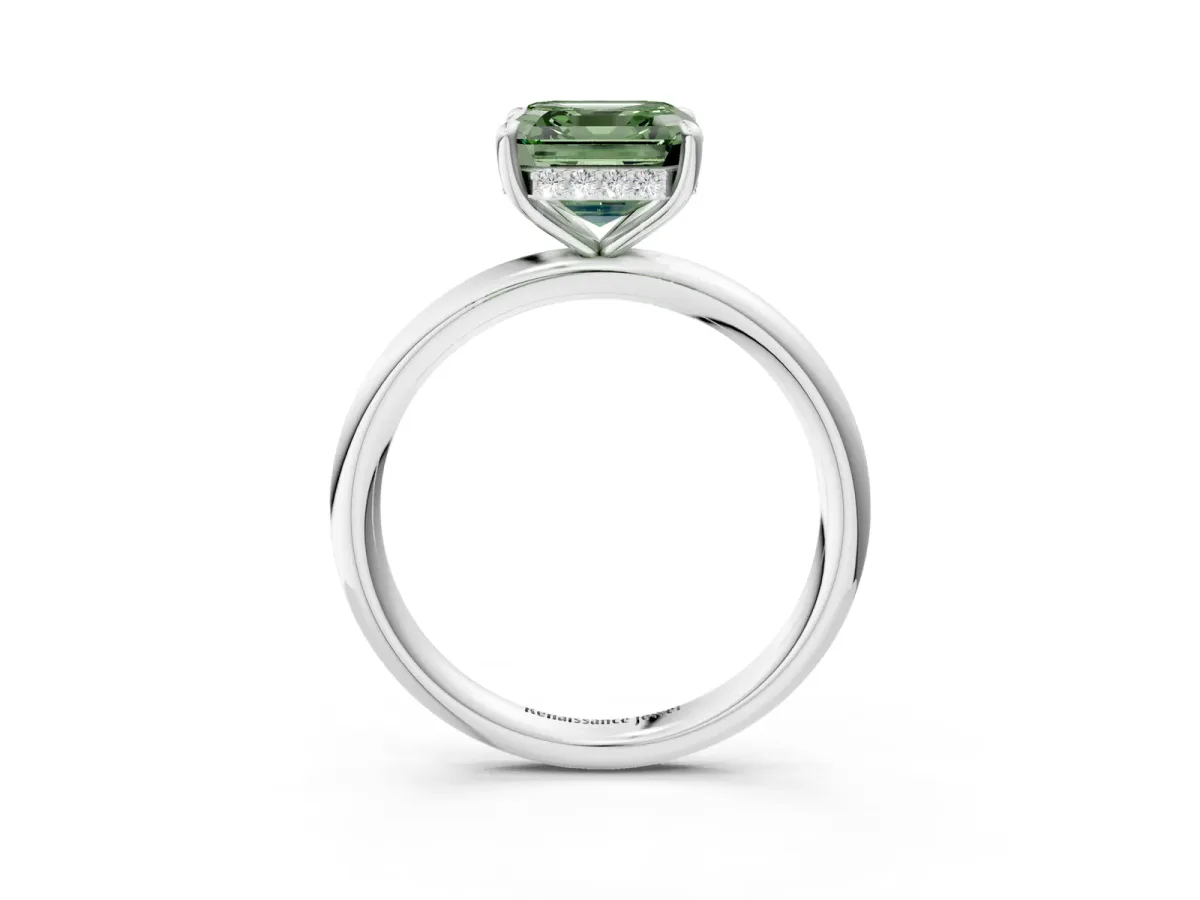 Fancy Green Asscher Cut Diamond Solitaire Ring with Thin Band and Four-Prong Setting Platinum