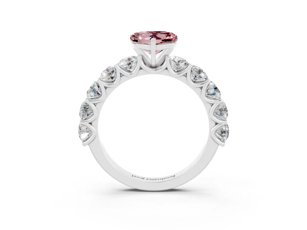 Heart Cut Morganite Prong Setting with Side Stones on a Pave Band Silver