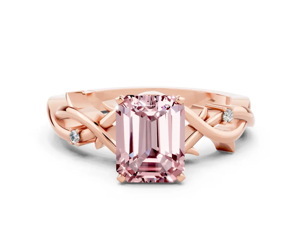 Emerald Cut Morganite Solitaire Ring with Twisted Band and Prong Setting Rose gold