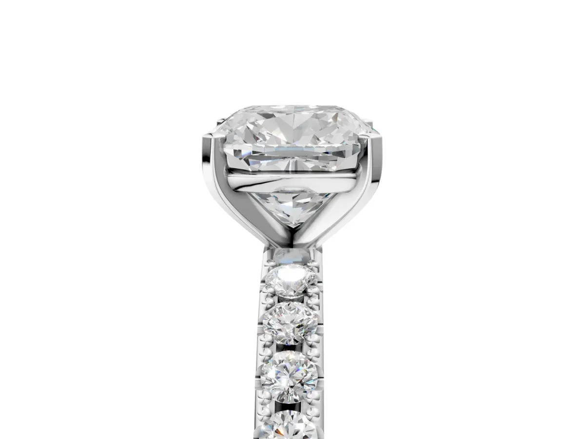 Cushion Cut Diamond Solitaire Pavé Band with Four-Prong Setting Platinum