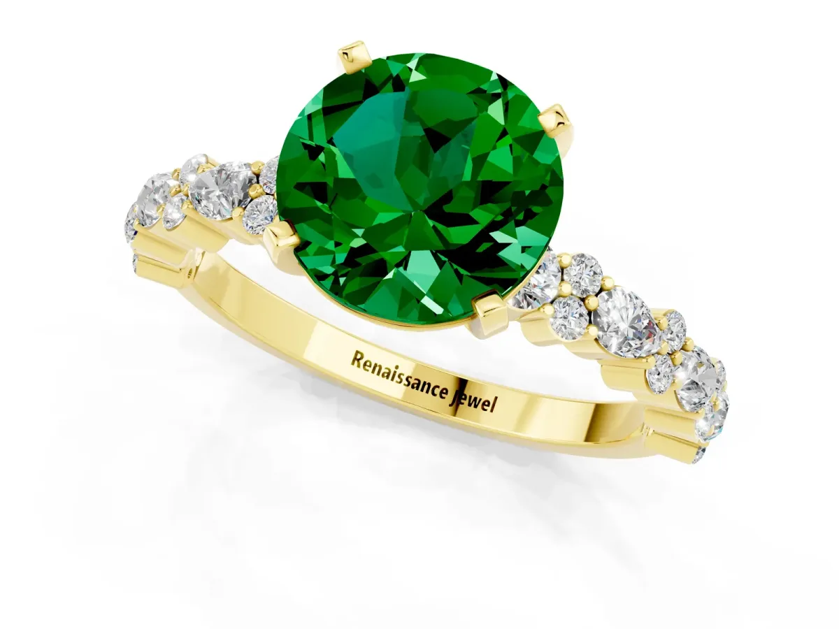 Round Cut Emerald Side Stone Solitaire Ring with Round and Four-Prong Setting Yellow gold