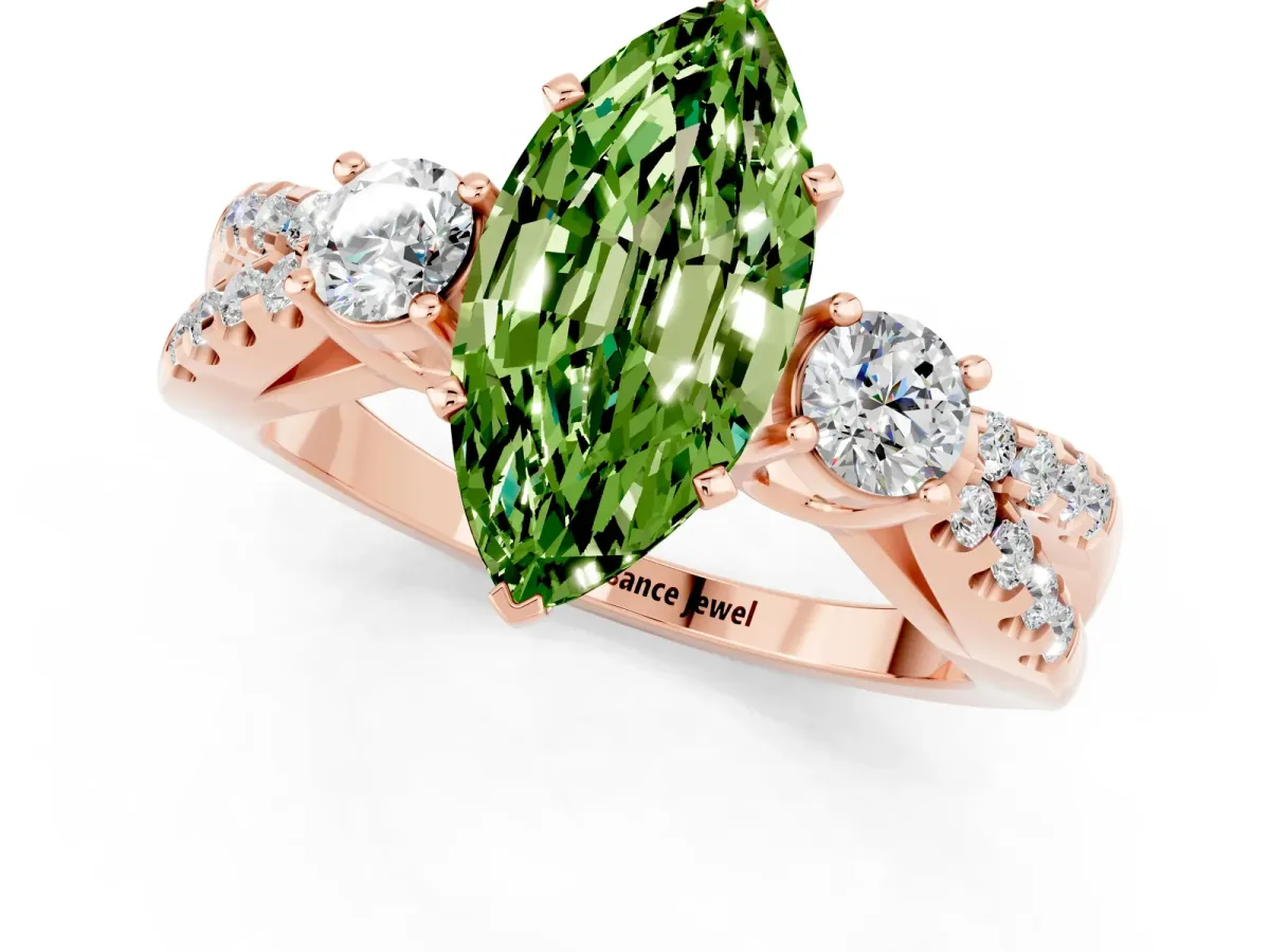 Marquise Cut Peridot Three-Stone Ring with Pavé Split Shank and Four-Prong Setting Rose gold