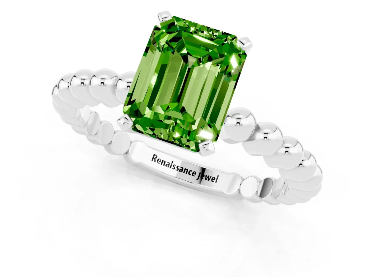Emerald Cut Peridot Solitaire Ring with Beaded Band and Prong Setting Silver