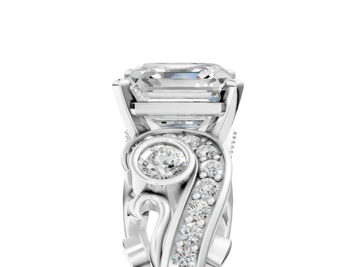 Asscher Cut Diamond Solitaire Ring with Milgrain Pavé Band and Four-Prong Setting Silver