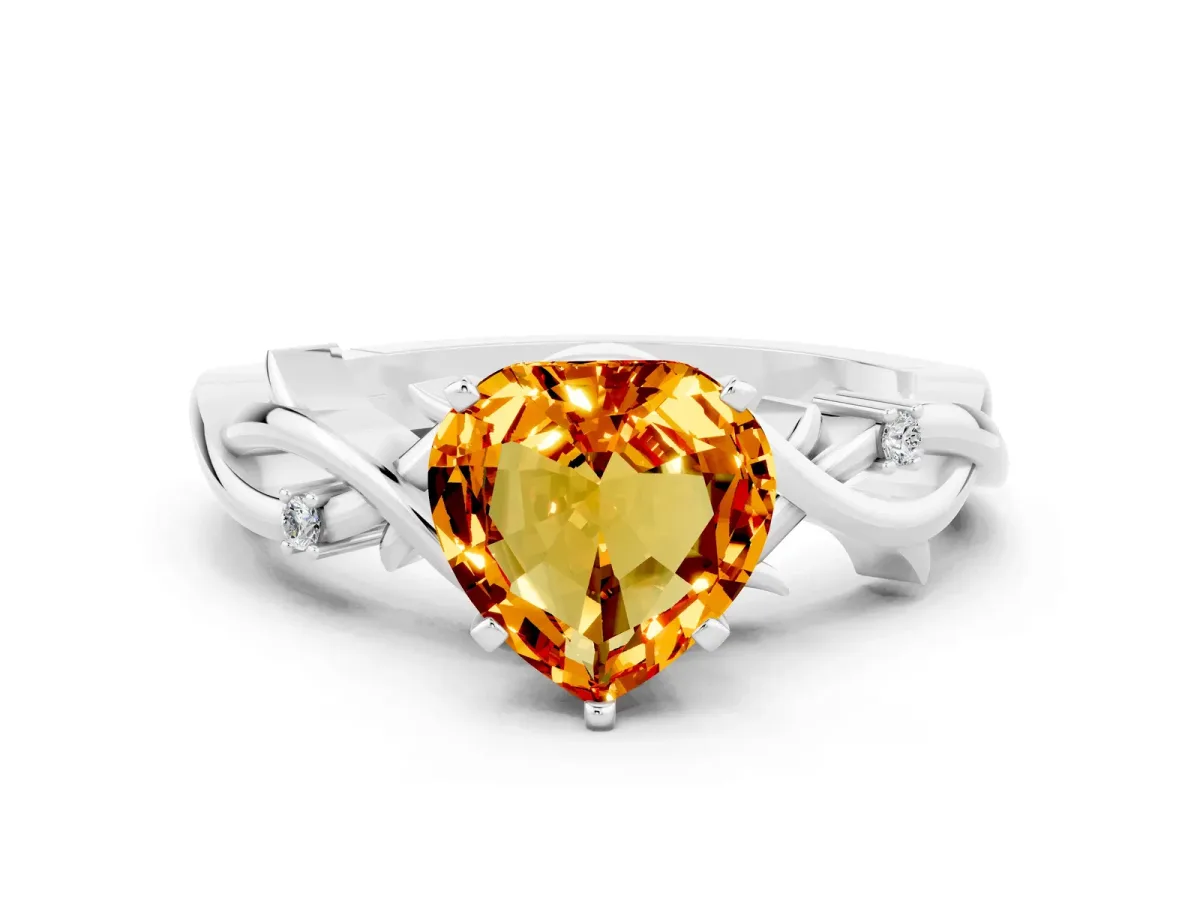 Heart Cut Citrine Solitaire Ring with Twisted Band and Prong Setting Platinum