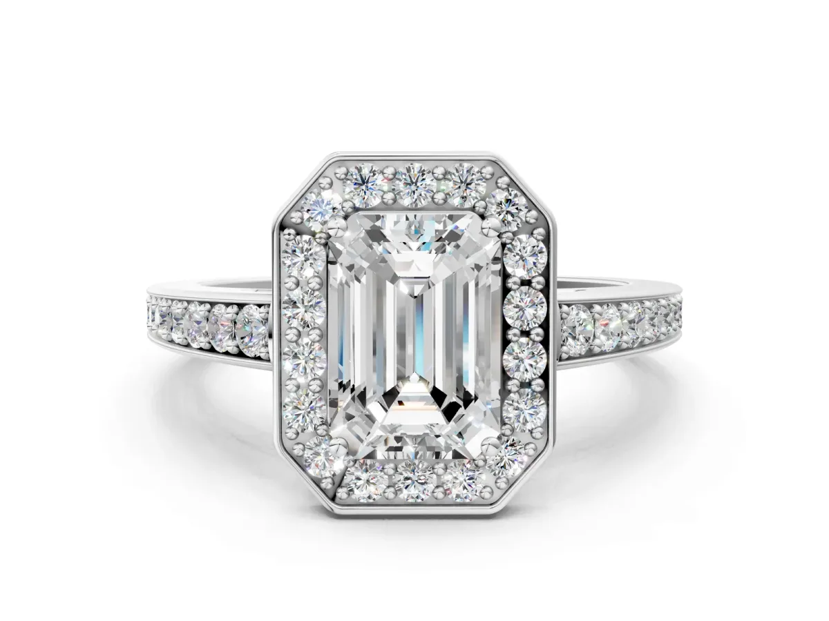 Emerald Cut Halo Pavé Diamond Engagement Ring with Bezel Setting Silver