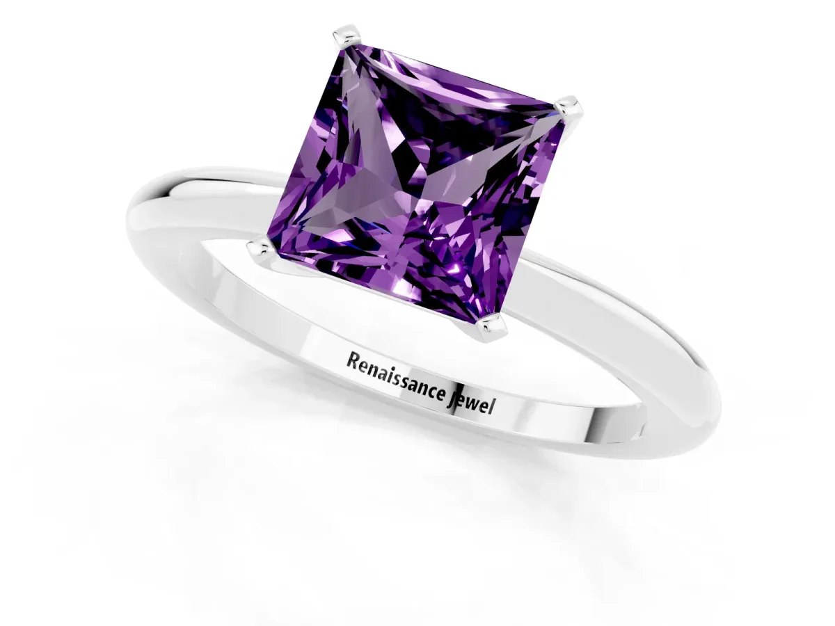 Princess Cut Amethyst Solitaire Ring with Six-Prong Setting and Classic Band Silver