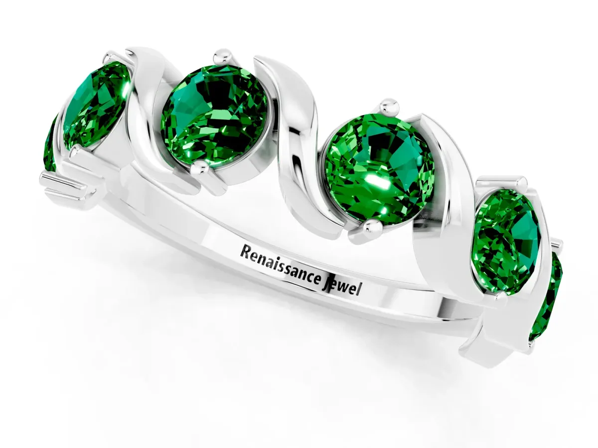 Round Emerald Half Eternity Band with Wave Prong Setting Platinum